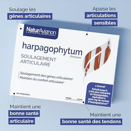 Laboratoire NaturAvignon Harpagophytum Ampoules | Confort articulaire | Efficacité prouvée | Equivalent 3000mg de racine d'harpagophytum + Vitamine D3 | Arôme naturel | 20 ampoules (20 jours)