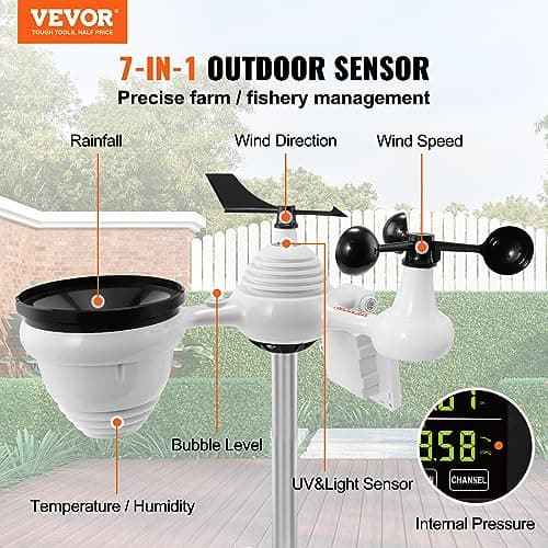 VEVOR Station Météo WiFi 7 en 1 Station Météo sans Fil Intérieur Extérieur Solaire Grand Écran Couleur 7,5 po Station Météo Numérique Capteur pour Température Humidité Vitesse Direction de Vent Pluie