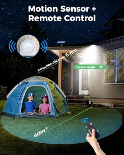 LOTMOS Lampe Solaire Exterieur Detecteur de Mouvement avec Télécommande, 342 LED Lumiere Solaire IP65 Étanche Spot Solaire, 3 Modes Eclairaget Solaire pour Jardin Garage Cour, Blanc Froid