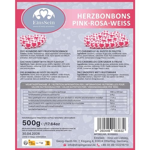 EinsSein Bonbons mariage de coeur rose-rouge-blanc 500g | 140 piéce Dragees coeur | bonbon de décoration de table pour mariage, baptême, anniversaire, communion | cadeaux d'accueil
