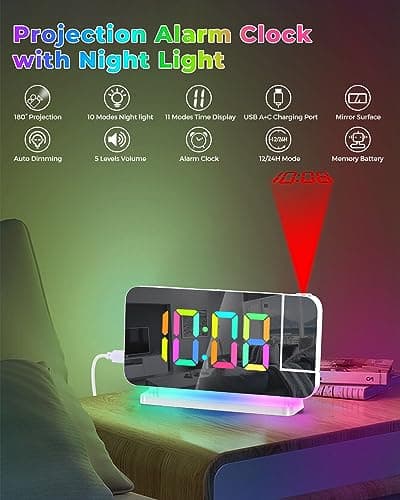 SZELAM Réveil à projection, 18,7 cm, horloge numérique LED, grand écran, avec projecteur rotatif à 180°, veilleuse RVB, port USB C, horloge de bureau moderne pour décoration de chambre à coucher –