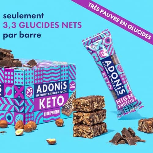 Barres Adonis Keto Riches en Protéines aux Noisettes Croquantes et Chocolat (16 Barres de 45g) | Végétalien et Keto l 100% Naturel l Sans Sucre, Sans Huile de Palme, Sans Lactose Faible