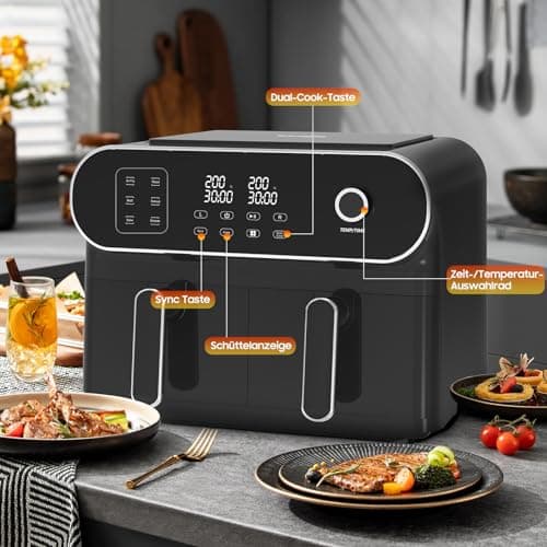 iceagle Friteuse sans Huile Dual Zone Air Fryer 11L – XXL Friteuse à Air avec Double Tiroir | Paniers Doubles Airfryer, 6 en 1, écran Tactile, 1700W, Recettes, Repas Sains pour une Grande Famille