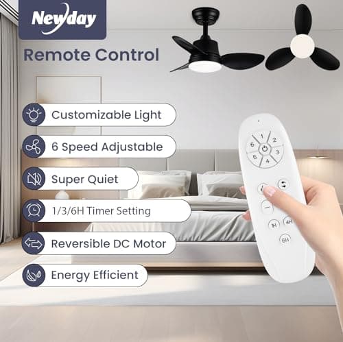 Newday Ventilateur de Plafond avec Lumiere Noir, 61cm Ventilateurs de Plafond avec Telecommande Petit, Plafonnier Ventilateur de Plafond Réversible mit 6 Vitesse Pour Chambre Salon,DC Moteur