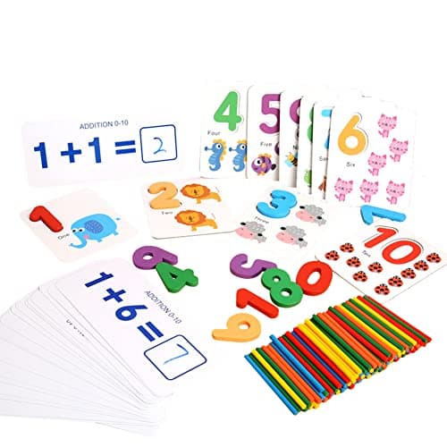 URFEDA Bâtonnets de comptage en bois, blocs de chiffres avec carte flash mathématiques, jouets d'apprentissage précoce Montessori, jouets éducatifs intelligence pour enfants de 3 ans et plus