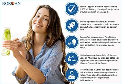 NORSAN Premium huile de poisson omega 3 Total Citron hautement dosé 200 ml / 2.000mg d’ omega 3 dose journalière/fish oil omega 3 1120mg EPA & 536mg DHA/huile poisson avec 800 IU de vitamine D3
