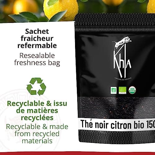 Khla - Thé Noir Citron Bio - Sachet Vrac 150g - Thé Tonique - Saveur Citronnée Agrumes - Thé Détox Digestion - Feuilles Séchées - Thé d’Asie Ceylan - Origine Sri Lanka - Tisane & Infusio