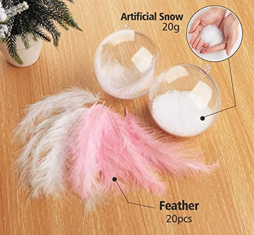 ilauke 20 Boules de Noël en Acrylique Transparentes avec Plumes,Fil de Perles,Flocons de Neige,Boule Plastique Transparent Acrylique Remplissable Boule pour Décoration Saisonnière,Mariage,Fête (80mm)