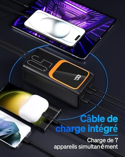 Power Bank de 50000 mAh avec câble intégré : Batterie Externe de Charge Rapide de 22,5 W avec Grande capacité, Chargeur Portable avec Lampe de Poche LED et 7 Sorties et 3 entrées-Noir with