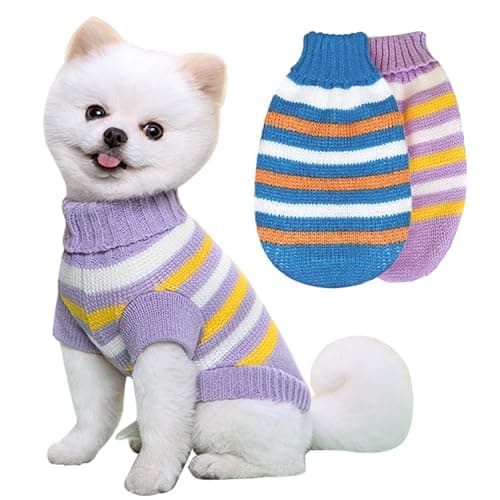 KASESSS 2Pièces Pull Chien Col Roulé, Pull pour Chien Petite Taille en Tricoté Hiver, Pull Chaud Manteau pour Petit Chien,Stries Pull pour Petit Chien,Costume Vetement pour Chat Chihuahua Chiot Yorkie