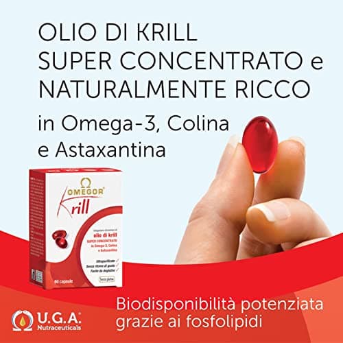 Omegor Krill - Complément alimentaire avec phospholipides, choline, Oméga-3 et astaxanthine à haute biodisponibilité - 260 mg d'EPA et DHA - Sans arrière-goût - Facile à avaler - 60 capsules
