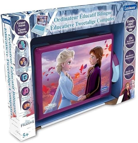 Lexibook Disney Frozen La Reine des Neiges 2-Ordinateur Éducatif Bilingue Français/Néerlandais-Jouet Filles avec 124 Activités pour Apprendre, S'amuser et Jouer du Piano-Bleu/Violet, JC598FZi10