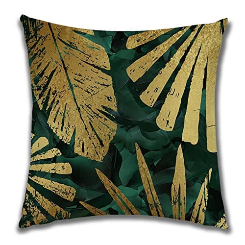 OCEUMACO Housse de Coussin 40x40 Ginkgo Feuilles Dorées Tropical Décoratif Housses Coussins pour Canapé Chaise Salon Lot de 4 Jungle Doré Bleu Canard Taie d'oreiller en Lin Scandinave - Or