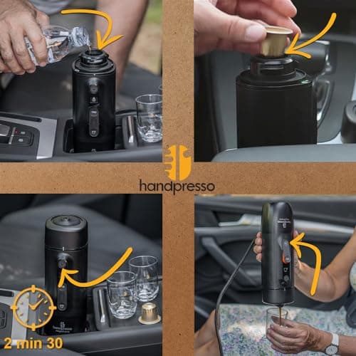 HANDPRESSO Auto Set Capsule - Cafetiere 12V ou 24V | Coffret avec Machine a cafe portable voiture ou camion pour capsules expresso NS avec valisette et tasses.