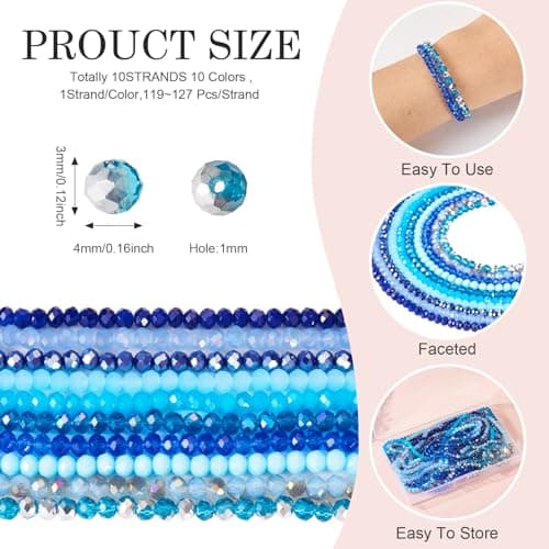 FASHEWELRY Lot de 1270 perles rondes à facettes en verre galvanisé pour fabrication de bracelets, colliers, bijoux - Bleu