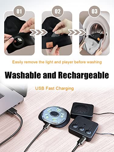 UNBON Bonnet Bluetooth avec LED Lampe, Idée Cadeau Homme Bonnet Bluetooth Lampe Frontale Rechargable Cadeau Noël Original Bonnet LED Bluetooth avec Écouteur Stéréo Tricoté Hiver Chaud pour Homme Femme