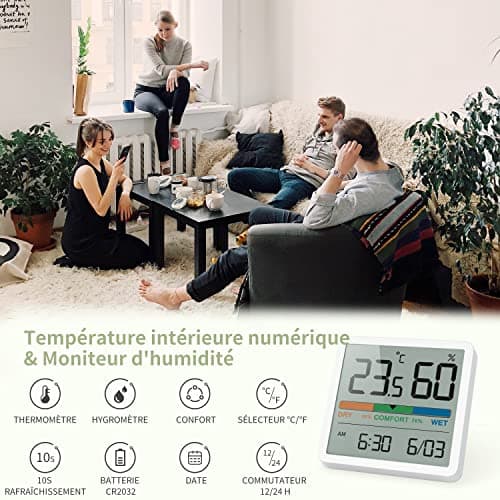 NOKLEAD Hygromètre Thermomètre d'intérieur, thermomètre numérique de bureau avec moniteur de température et d'humidité, thermomètre d'ambiance à jauge d'humidité précise (1, Blanc, 7cm)
