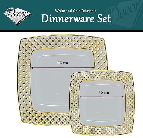 Decor Decorline - Ensemble Vaisselles d'assiettes Plastic Réutilisables de 40 pièces/Pour 20 Personnes - Collection Diamond - Oré - Assiettes Dîner & Entrée Dessert (20x25cm & 20x20cm)