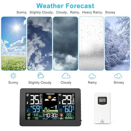 Station Météo Interieur Exterieur Sans Fil, Prévisions Météorologiques, Affichage de la Température et de l'humidité Pression de l'air Couleur, DCF Radio-Réveil Réveil Météo