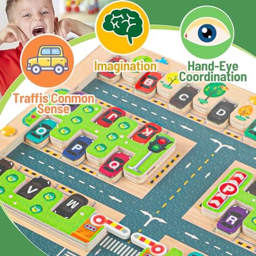 VLEDARLING Jeu Magnétique Labyrinthe Jouet en Bois, Labyrinthe Magnetique, Jouet Bois Montessori de 3-6 Ans, Apprendre Jeu de Tri, Jouet en Bois pour Apprendre Alphabet,Parking Labyrinthe Jouet Enfant
