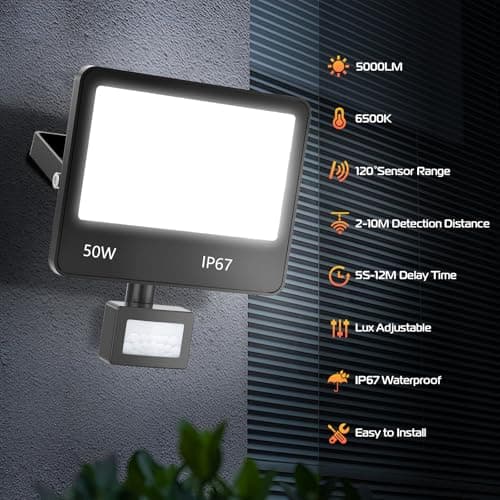 HAPYLUMI 50W Projecteur Exterieur LED Detecteur de Mouvement, 5000LM Spot LED Extérieur Avec Detécteur 6500K Blanc Froid, IP67 Étanche Phare LED Éclairage Extérieur pour Patio, Jardin, Terrasse