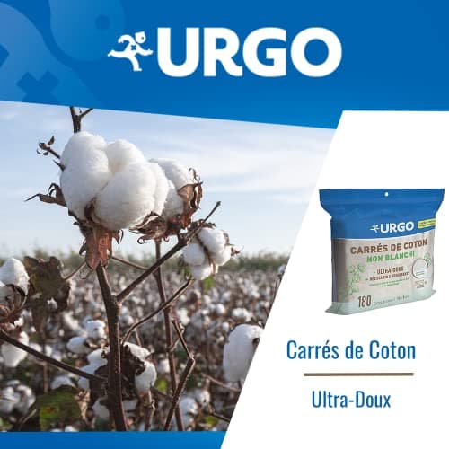 Urgo - Carrés de coton - Ultra-doux Absorbants - Coton de qualité certifiée OEKO-TEX® Non Blanchi - 180 unités
