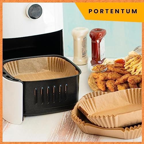 PORTENTUM Papier cuisson air fryer - 100 pièces Food-Grade BPA gratuit, 20 x 20 cm, pour friteuse sans huile 5 à 8 litres - Idéal pour la cuisson saine