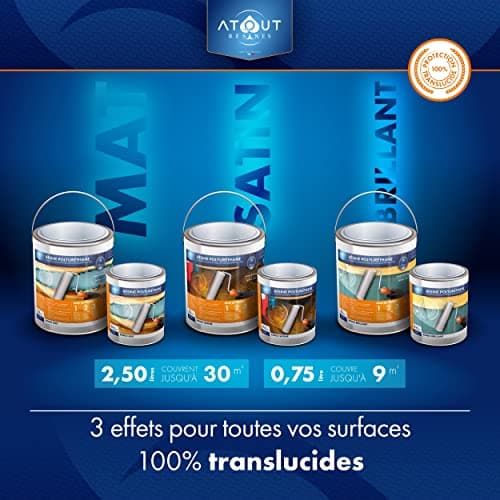 Résine polyuréthane SATIN 750ML mono- composant, incolore, vernis, vitrificateur, protection polyvalente, multi-usages et son rouleau adapté à la bonne application de la résine.