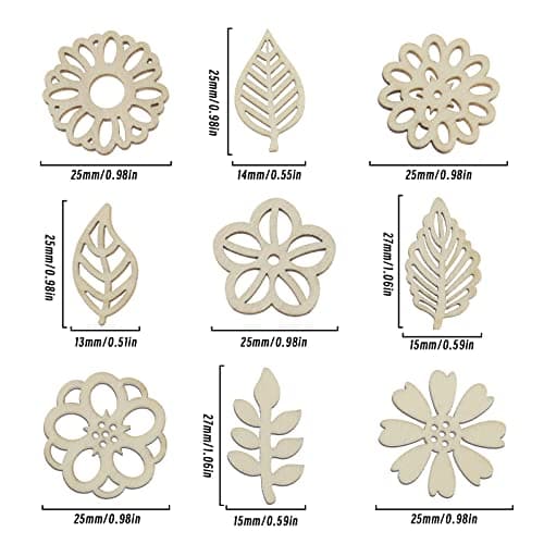 VGOL Lot de 100 tranches de bois décoratives en forme de fleur et de feuille pour bricolage, scrapbooking, fabrication de cartes