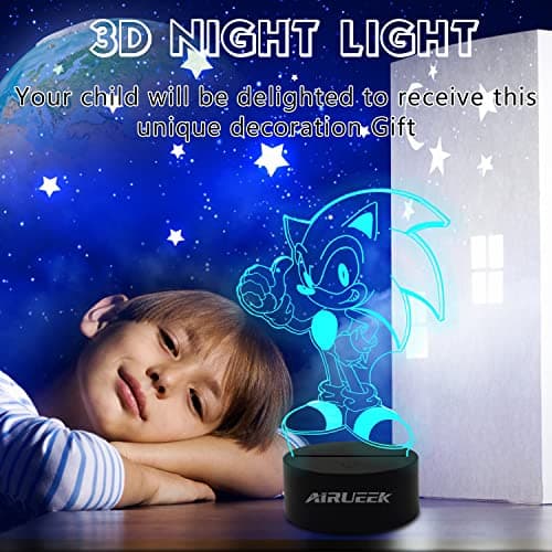 AIRUEEK Sonic Jouet Lampe 3D Veilleuse-16 Variations De Couleurs/1 Remote/1 télécommande / 1 socle noir/décoration de chambre anime créatif Sonic Hedgehog garçon cadeau d'enfant