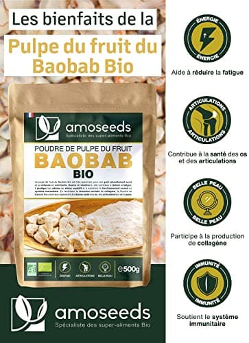 Poudre de Baobab Bio 500G | Énergie, Articulations, Belle Peau, Immunité | Qualité Supérieure