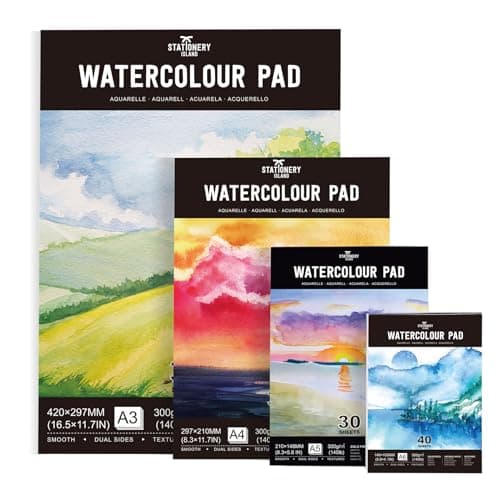Stationery Island Papier Aquarelle A4, 30 Feuilles Carnet Aquarelle 300g. Bloc Aquarelle Papier A4, Premium Double Texture. Papier Pour Aquarelle, Dessin Et Croquis. Bloc aquarelle dessin