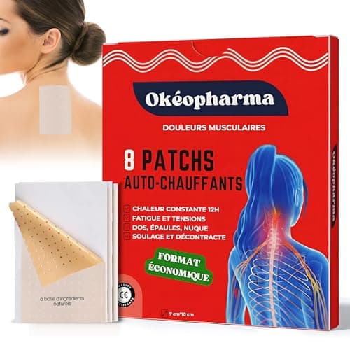 Patch Chauffant Okéopharma - adhésifs - Décontractant Musculaire Efficace pour dos, épaules, Nuque - Chaleur Confortable et Constante 12h - Pansement naturel à base de Camphre - Format économique