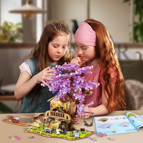 Jouet de construction pour la maison de l'arbre des cerisiers en fleurs avec lumière LED, 880pcs Bonsaï de fleurs de cerisier Jeu de construction de maison en fleurs pour les enfants de 6 à 12 ans