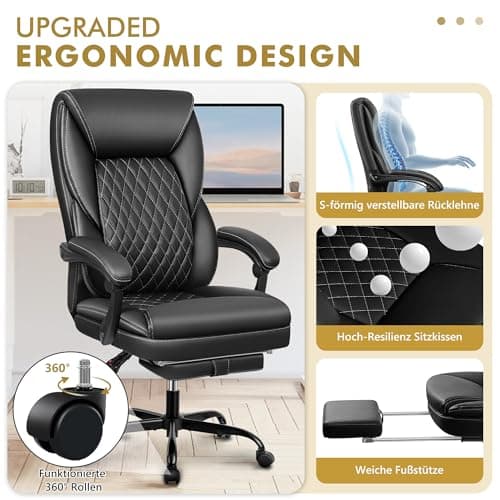 BestEra Chaise de bureau, grande et haute, avec repose-pieds, ergonomique, en cuir, avec dossier réglable et support lombaire (noir)