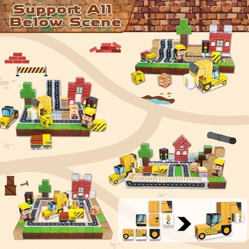 Construction magnetique enfant avec accessoires routiers bloc de construction magnétique avec véhicules de chantier pour enfants à partir de 5, 6, 7 ans engins de chantier jouet voiture enfant 5 6 7 a