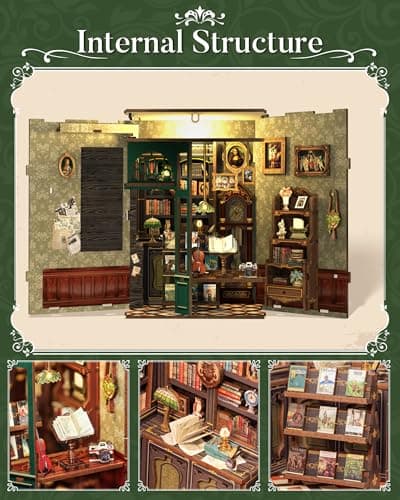 CUTEBEE Kit Book Nook - Maison Miniature à Monter soi-même - Maison de poupée - avec Housse de Protection Contre la poussière et lumière LED - Kit de modélisation pour Adultes(Owl Bookstore)
