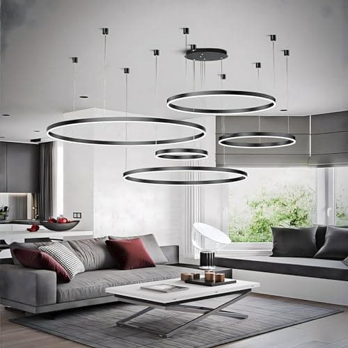 YYUTLUO Lustre LED Moderne DIY Cercle | 5 Noire Anneaux :20+40+60+80+100cm=130W | Éclairage Suspendu LED Métal+Acrylique Télécommande Intensité Variable 2,4G Lampe Suspendue Plafond Ronde Salon
