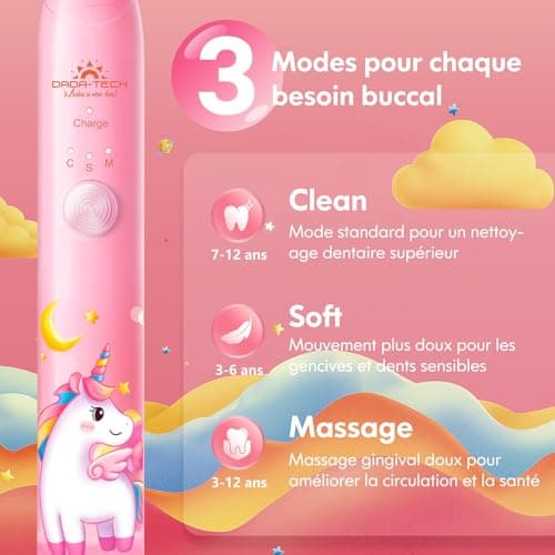 Brosse à Dents Électrique Enfant 3-6-8-12-18 Ans, Brosse a Dent Electrique Enfant Rechargeable Avec Minuteur, Autocollants pour Habitudes et 4 Têtes Douces Pour Kids Filles Et Garçons (Licorne Rose)