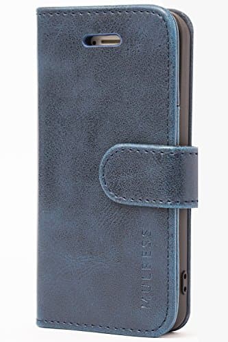 Mulbess Etui Coque pour iPhone 5s / 5 / iPhone SE 2016 - Housse en Cuir - Fentes pour Cartes - Pochette Protection Portefeuille - Rétro Marine Bleu