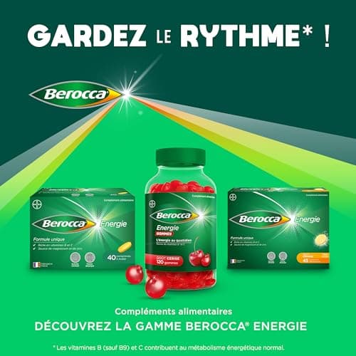 Berocca® Energie gommes - Multivitamines Complément alimentaire - Source de vitamines B* et vitamine C - Réduction de la fatigue, donne de l'énergie au quotidien - Goût Cerise - 3x60 gommes