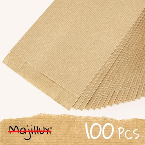 Majillux 100 Sacs en Papier Kraft 12 x 20 x 6 cm, Pochettes Cadeau Marron, Petits Sacs en Papier, Pochettes en Papier Kraft Alimentaire - Durables et Recyclables, Fabriqués en Europe