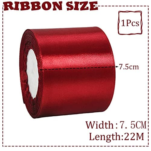 Ruban Satin Vin Rouge Gros 75mm,22m Polyester Ruban Satin,Ruban Cadeau Emballage,Ruban Noel Ruban Tissu pour Couture,Nœuds,Artisanat,Bouquet,Décoration de Mariage,Voitures,Anniversaire,Gâteau