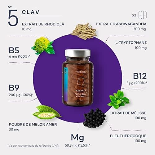 N°5 BALANCE - Diminue Stress et Anxiété - Ashwagandha, Safran, Rhodiola, Magnésium, Vitamine B5 - Anti Stress Naturel - 60 Gélules - 30 jours de Relaxation