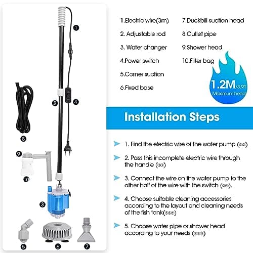Weigudoc 6 en 1 Aspirateur Aquarium Electrique, Kit de Nettoyage de Gravier, Réservoir à Poisson Changeur d'eau Filtre pour Changement d'eau et Lavage Sable