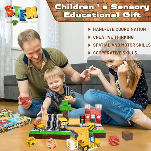 Construction magnetique enfant avec accessoires routiers bloc de construction magnétique avec véhicules de chantier pour enfants à partir de 5, 6, 7 ans engins de chantier jouet voiture enfant 5 6 7 a