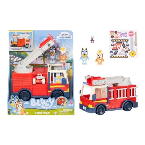 BlueY Camion de Pompier Camion de Pompiers avec Figurines de, de Bingo en pompière et de Bob Bilby Dresse l’échelle, pivote-la et déroule la Lance