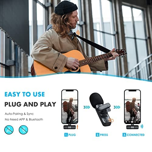 VIEWLON Micro Cravate sans Fil, Mini Micro Cravate pour iPhone iPad/Android/PC, Micro sans Fil Professionnel Microphone Réduction Intelligente du Bruit