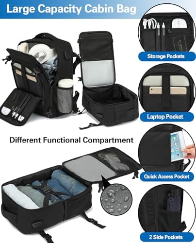 KLOSTAIN Bagage Cabine 40x20x25 pour Ryanair Sac à Dos Voyage Cabine Avion 20 L Femme Homme Bagage à Main Sac à Dos pour Ordinateur Portable Noir