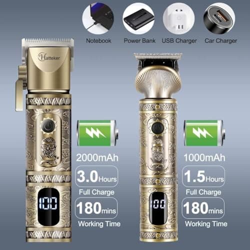 Hatteker Professional Hommes Tondeuse à Cheveux et T-blade Tondeuse Set, Tondeuse à Cheveux Rechargeable Sans Fil Tondeuse à Barbe Nez Tondeuse à Barbe Multifonction Kit De Beauté Affichage LED (OR)